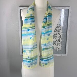 Echo silk scarf green yellow blue flowers and stripes print